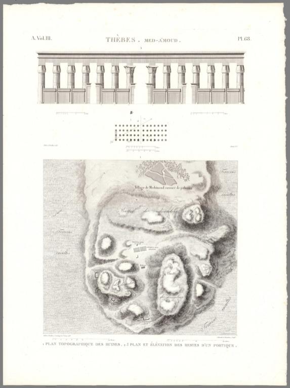 Planche 68 Thèbes, Med-a'moud. 1 Plan Topographique Des Ruines, 2.3 Plan Et Élévation Des Restes D'un Portique.