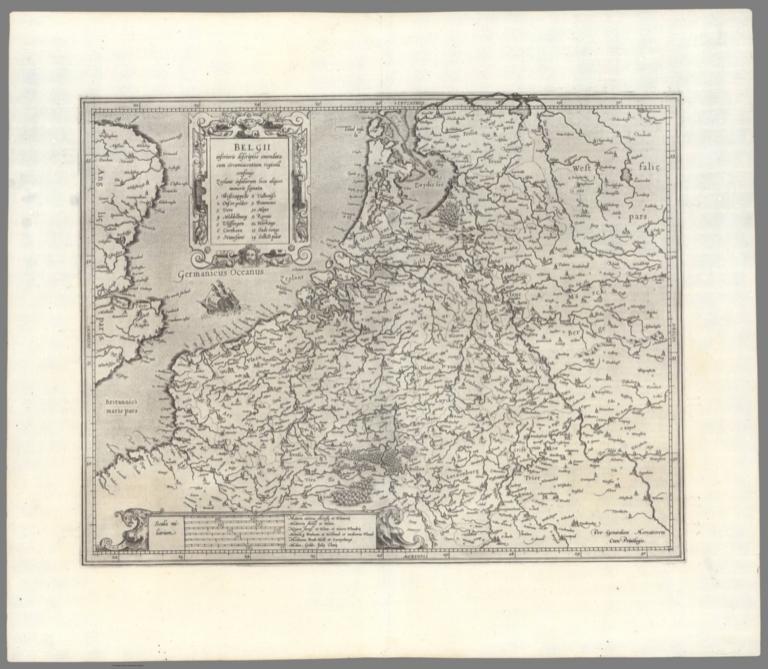 Belgii inferioris descriptio emendata cum circumiacentium regionii confinijs Zeelant insularum loca aliquot numeris sig-nata. Per Gerardum Mercatorem Cum Privilegio.