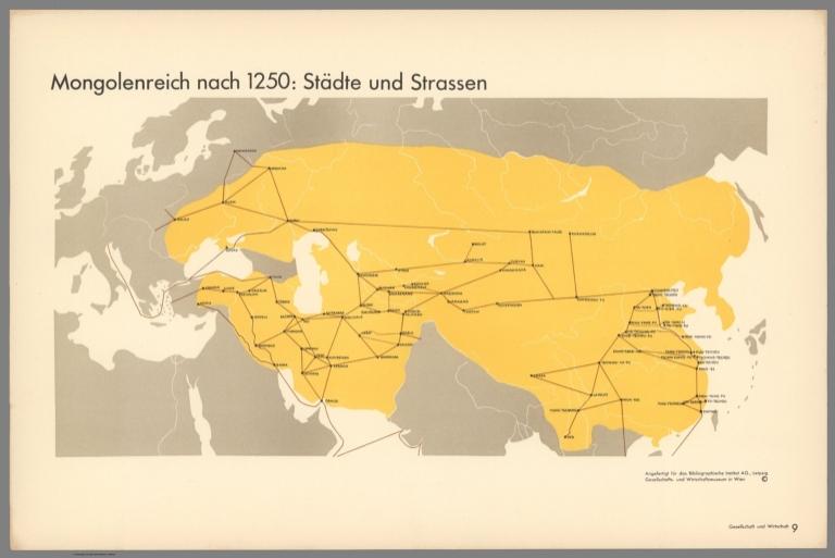 Mongolenreich nach 1250: Städte und Strassen. (Mongol Empire after 1250: cities and streets).