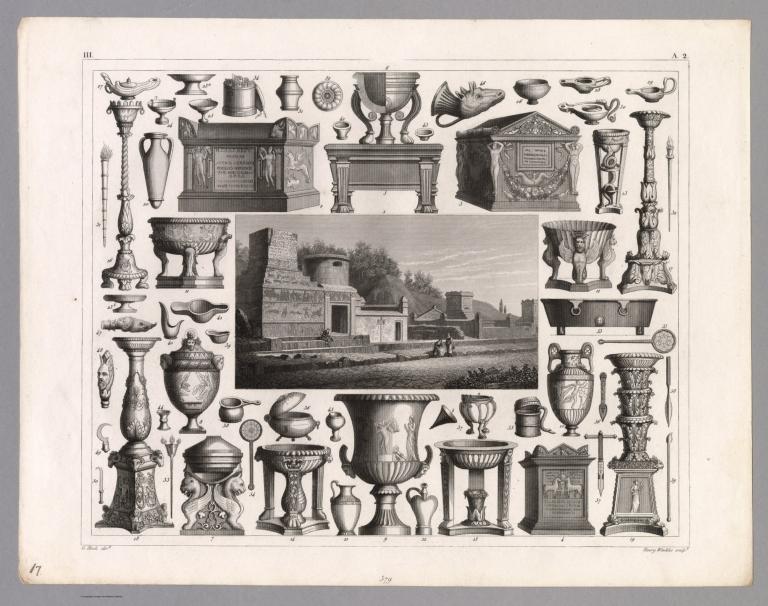 View: Plate 17. Roman Furniture and Tools, Pompeii, Monuments, Sarcophagi.