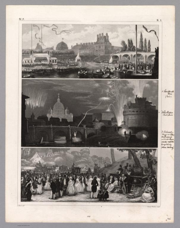 View: Plate 8. Naumachy (Mock Sea Fight) in Paris; Rural Ball; Illumination in Rome.