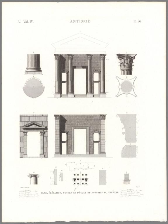 Planche 56 Antinoé. Plan, Élévation, Coupes Et Détails Du Portique Du Théâtre.