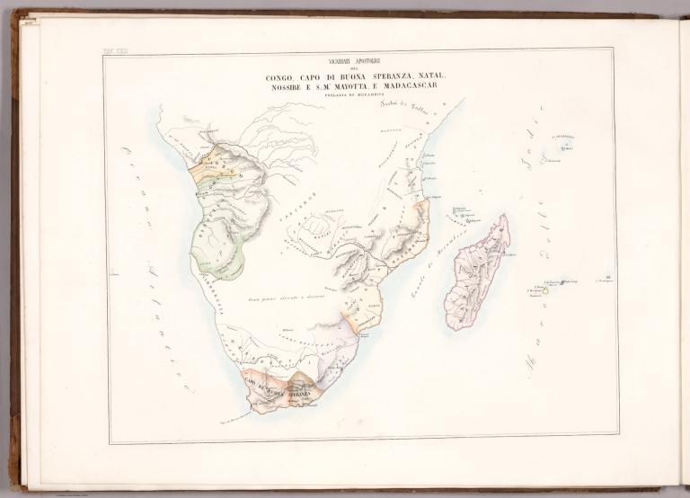 Tav. CXII. Dioc. di Porto Luigi -- Reunion -- Vic. Capo di buona speranza -- Terra di Natal -- Madagascar -- Prel. Congo -- Nossibè -- Is. Seychelles -- Pref. Mozambico.