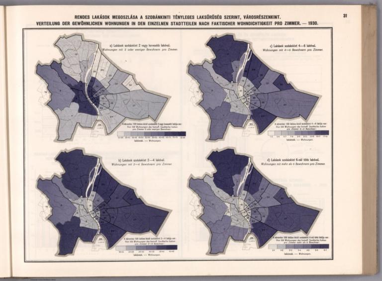 Rendes lakások megoslása a szobánkinti tényleges laksürüség szerint, városrészenkint. = Verteilung der Gewöhnlichen Wohnungen in den einzelnen Stadtteilen nach faktischer Wohndichtigkeit pro Zimmer. 1930.