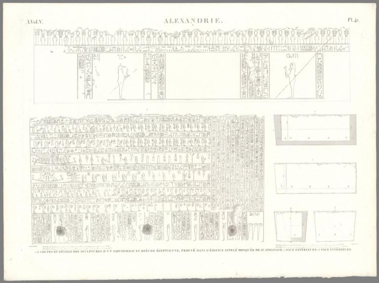 Planche 41 Alexandrie. 1..6 Coupes Et Détails Des Sculptures d’Un Sarcophage En Brèche Ègyptienne, Trouvè Dans L'èdifice Appelè Mosquèe De St.Athanase. 5 Face Extérieure. 6 Face Intérieure.