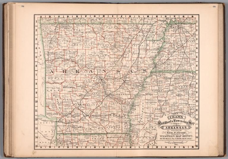 Cram's railroad and county map of Arkansas.