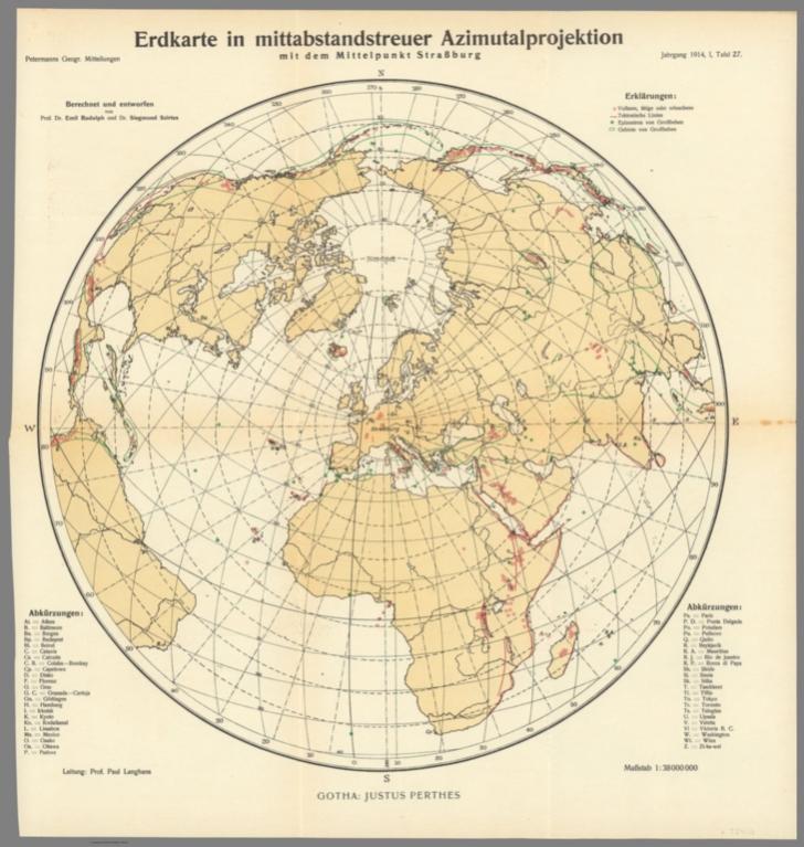 Erdkartein mittabstandstreuer Azimutalprojektion mit dem Mittelpunkt Strassburg (Map of the earth in equidistant azimuthal projection with the center of Strasbourg)