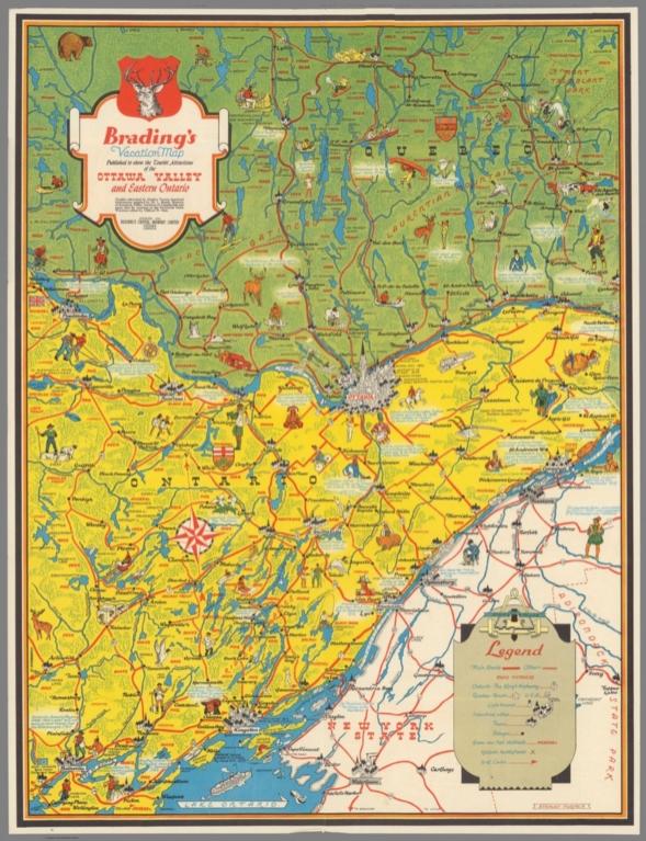 Brading's vacation map published to show the tourist attractions of the Ottawa Valley and Eastern Ontario.