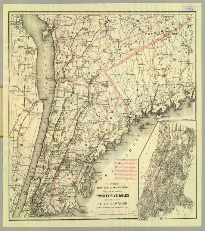 Colton's driving & wheeling map of the country twenty five miles north of the city of New York.